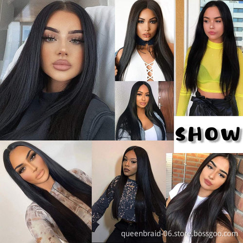 30 Inches Middle Part Long Straight Black Hair Synthetic Hair Wigs For Black Women Heat Resistant Fiber Lace Wigs